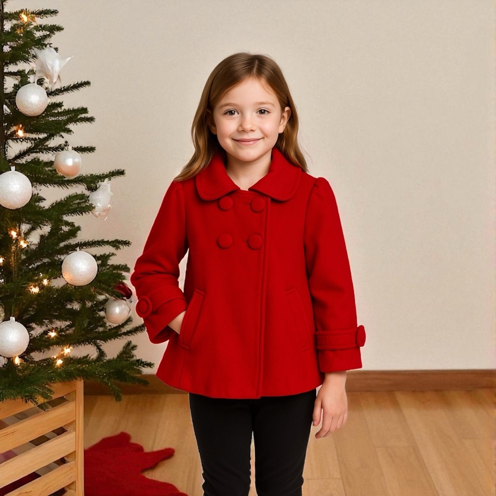 Vintage‎ Girls Red Peacoat Jacket Medium Double-Breasted Cropped Fall Winter